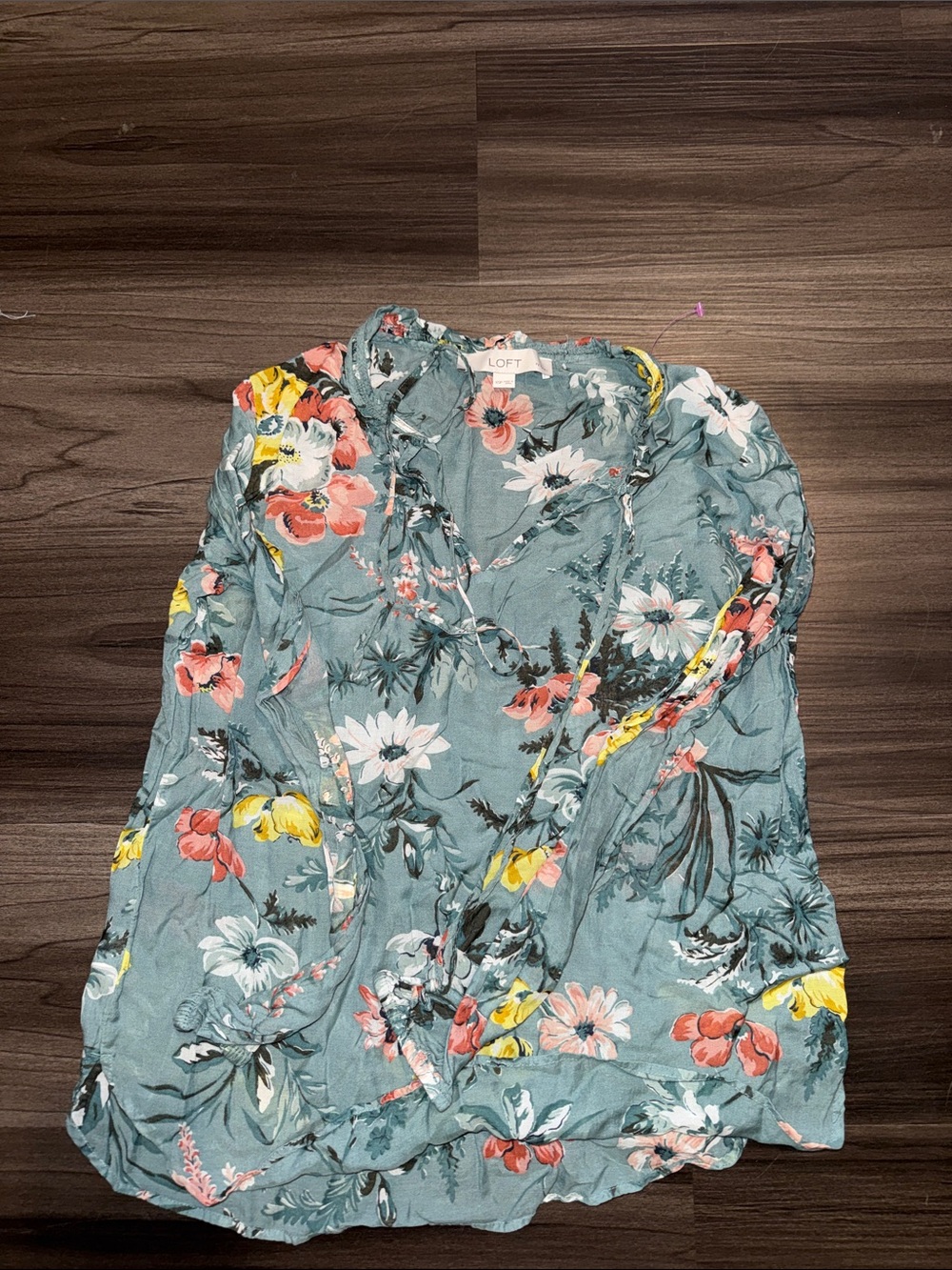 LOFT Teal Floral Ruffle-Trim Blouse with Coral and Yellow Accents